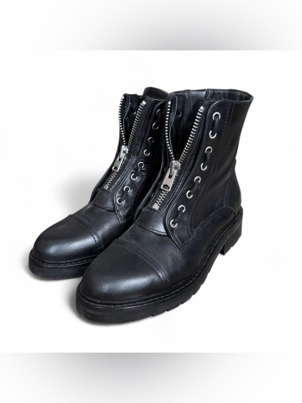 All saints Black leather lace up combat boots with zip up front detail Size 37